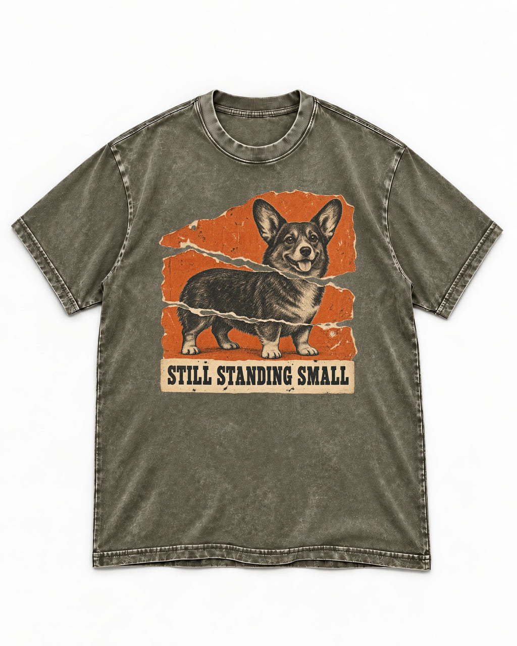 Corgi Still Standing Small Torn Poster Washed Tee in Army Green, flat lay product photo