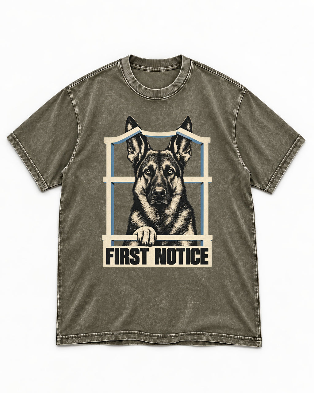 First Notice Window German Shepherd Dog Graphic Washed Tee in Army Green, flat lay product photo