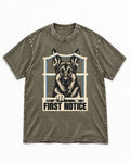 First Notice Window German Shepherd Dog Graphic Washed Tee in Army Green, flat lay product photo