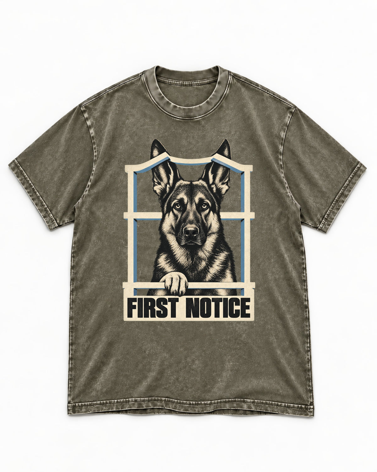 First Notice Window German Shepherd Dog Graphic Washed Tee in Army Green, flat lay product photo