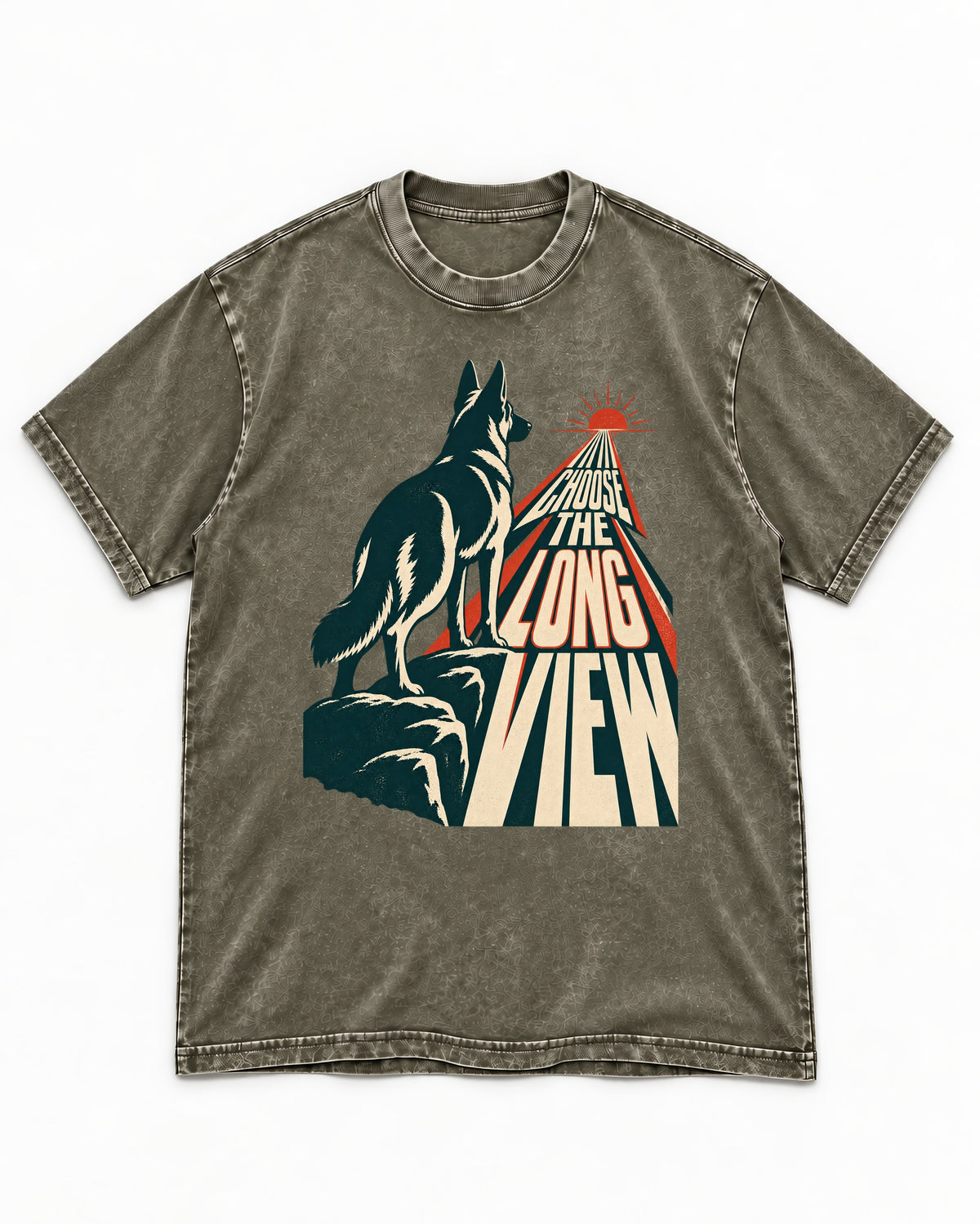 Choose the Long View Sunrise German Shepherd Dog Graphic Washed Tee in Army Green, flat lay product photo