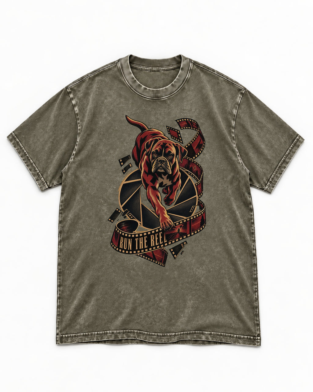 Run the Reel Boxer Film Graphic Washed Tee in Army Green, flat lay product photo