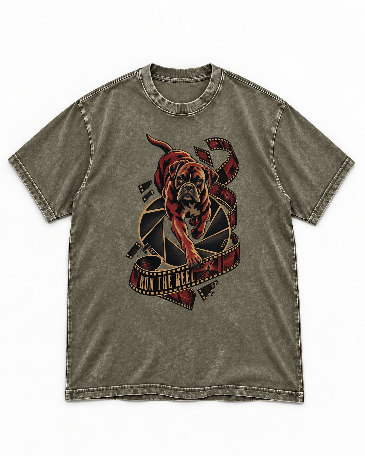 Run the Reel Boxer Film Graphic Washed Tee in Army Green, flat lay product photo