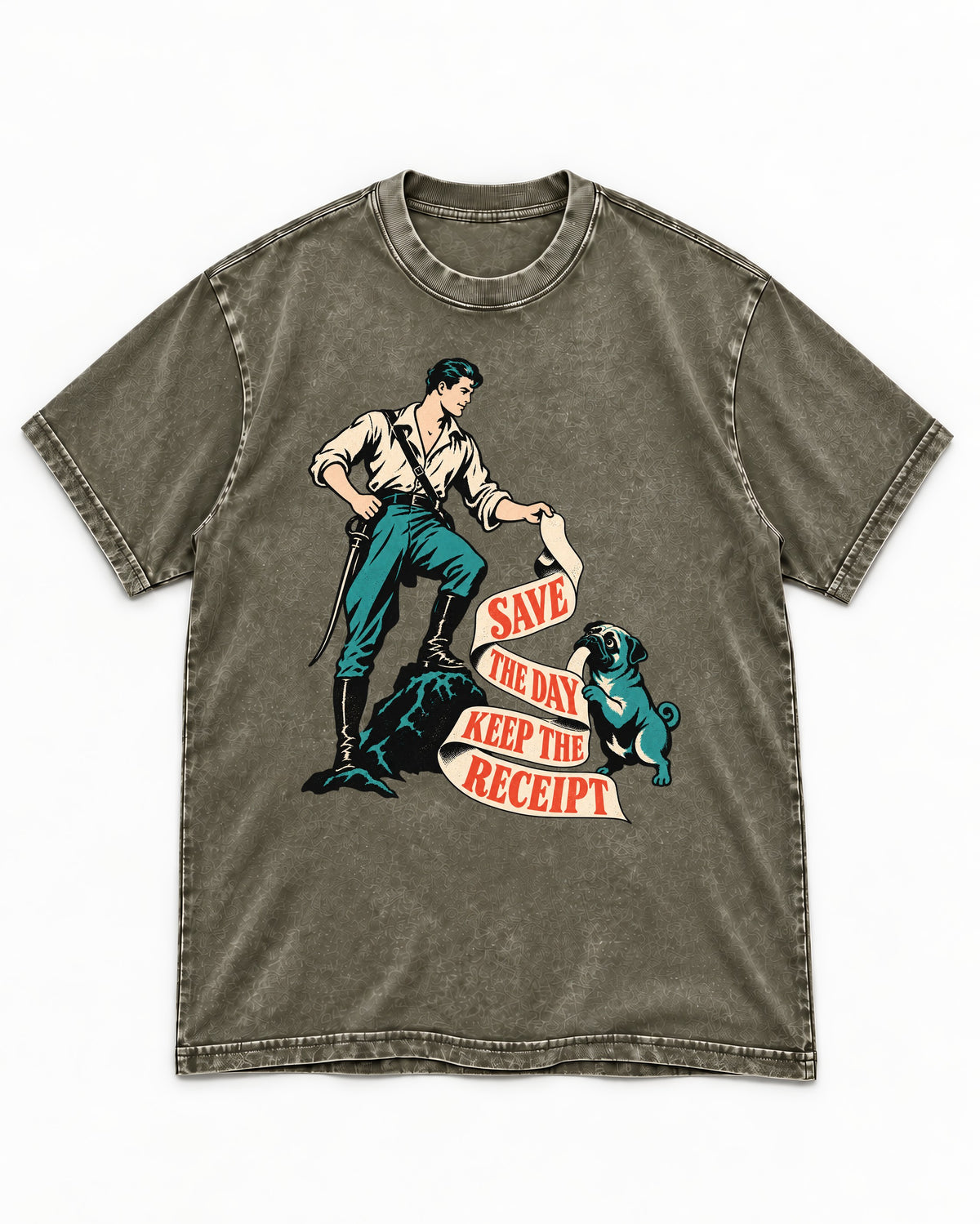 Pug Save the Day Keep the Receipt Hero Graphic Washed Tee in Army Green, flat lay product photo