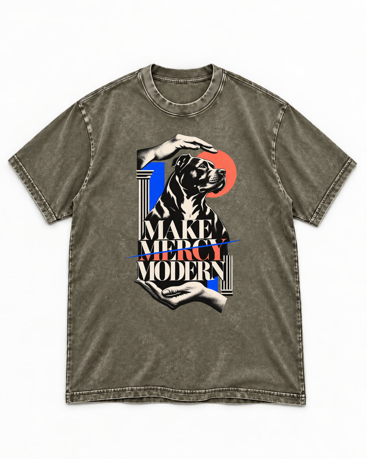 Pitbull Make Mercy Modern Protective Hands Graphic Washed Tee in Army Green, flat lay product photo