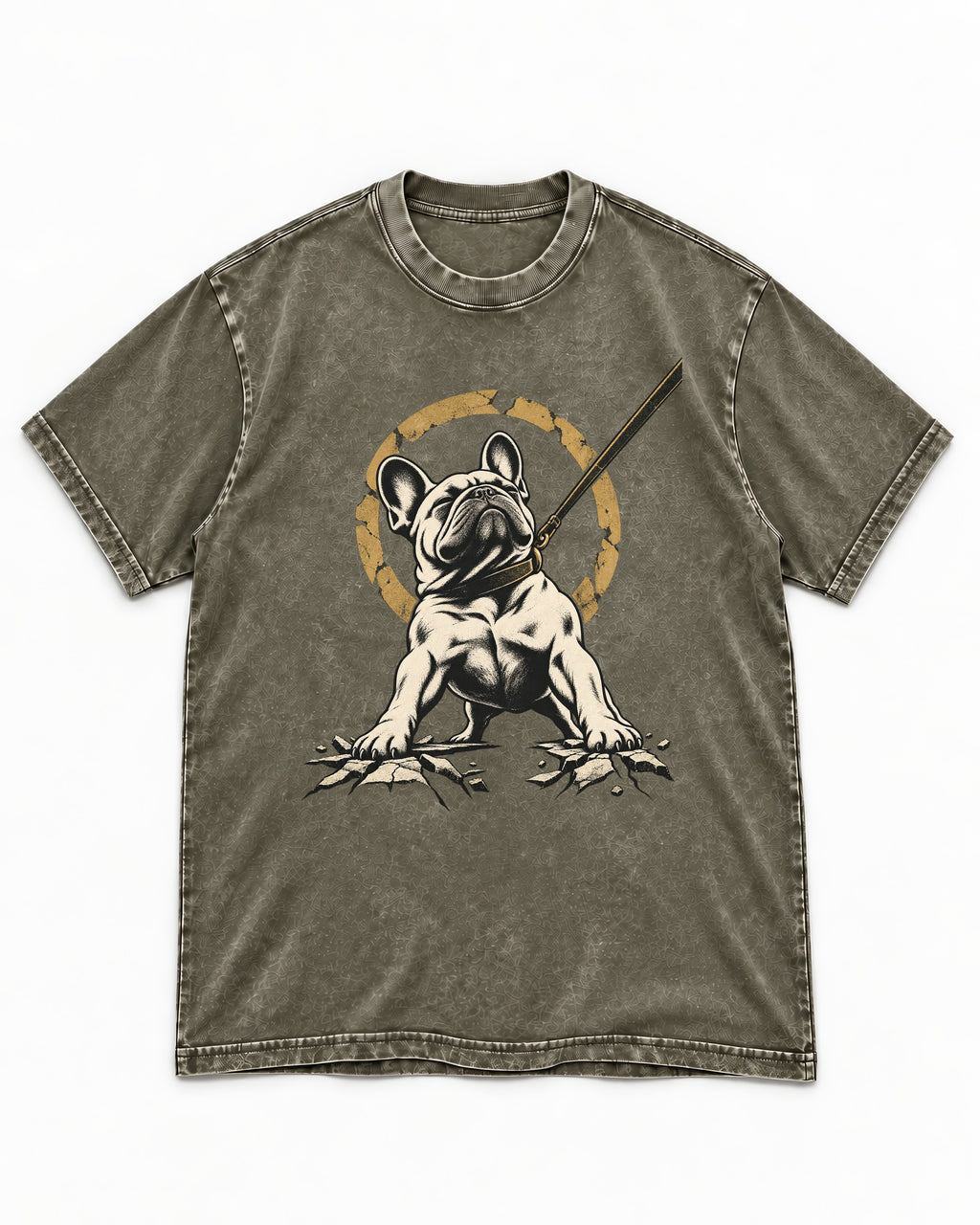 Frenchie Stubborn Leash Monument Graphic Washed Tee in Army Green, flat lay product photo