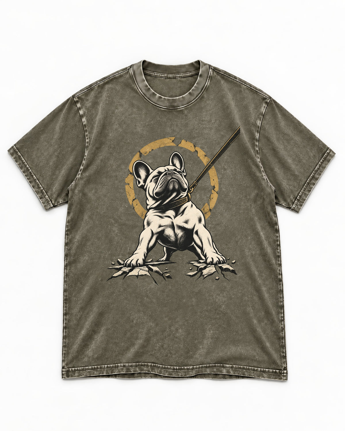 Frenchie Stubborn Leash Monument Graphic Washed Tee in Army Green, flat lay product photo