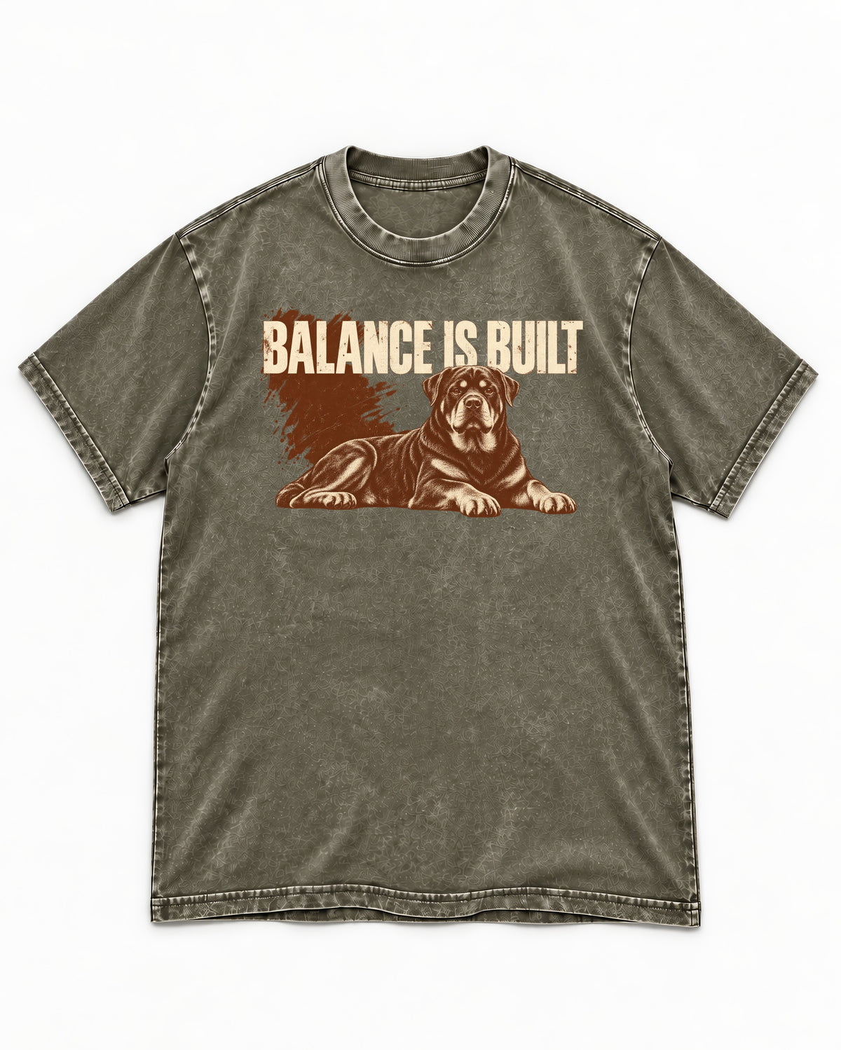 Rottweiler Balance Is Built Resting Strength Graphic Washed Tee in Army Green, flat lay product photo