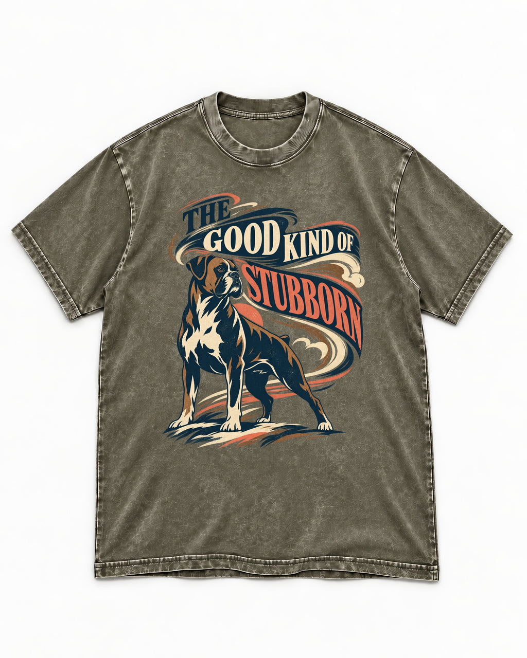 Boxer The Good Kind of Stubborn Washed Tee in Army Green, flat lay product photo