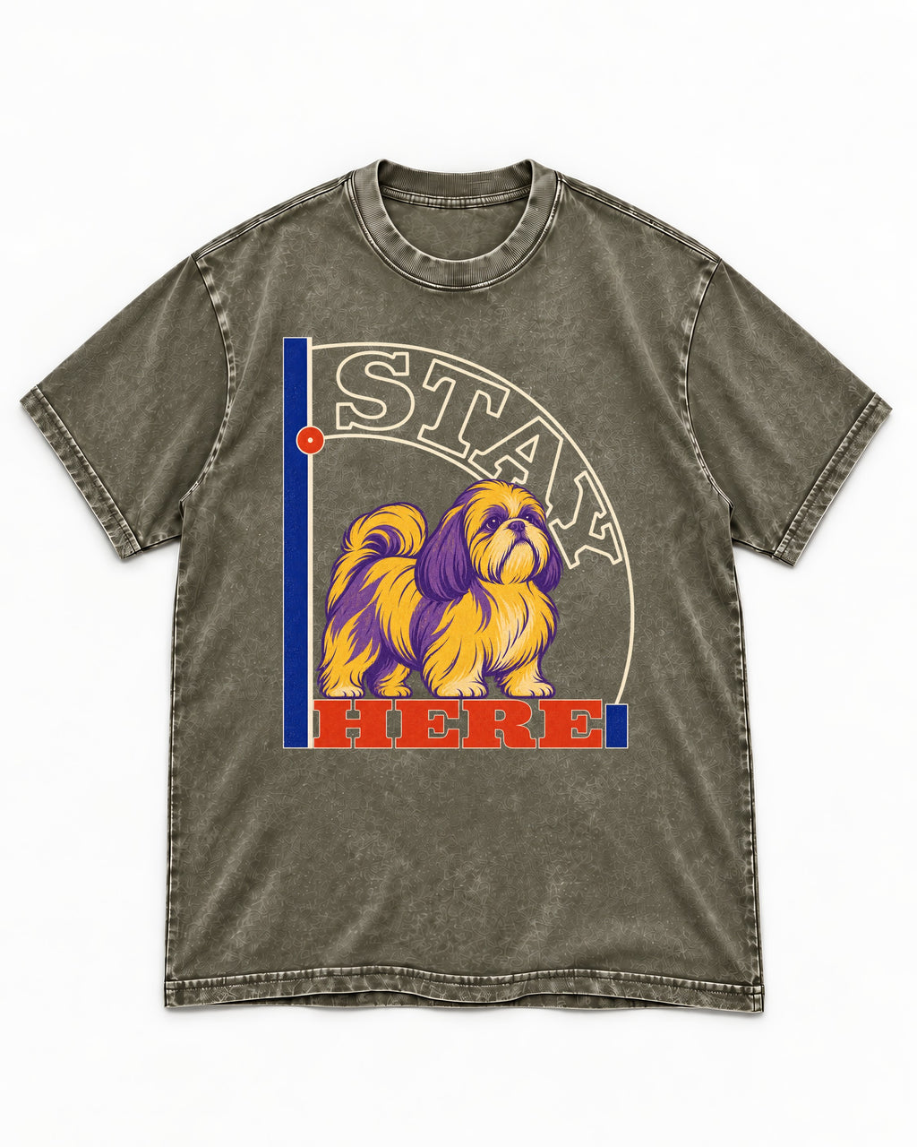 Shih Tzu Stay Here Semicircle Sign Graphic Washed Tee in Army Green, flat lay product photo