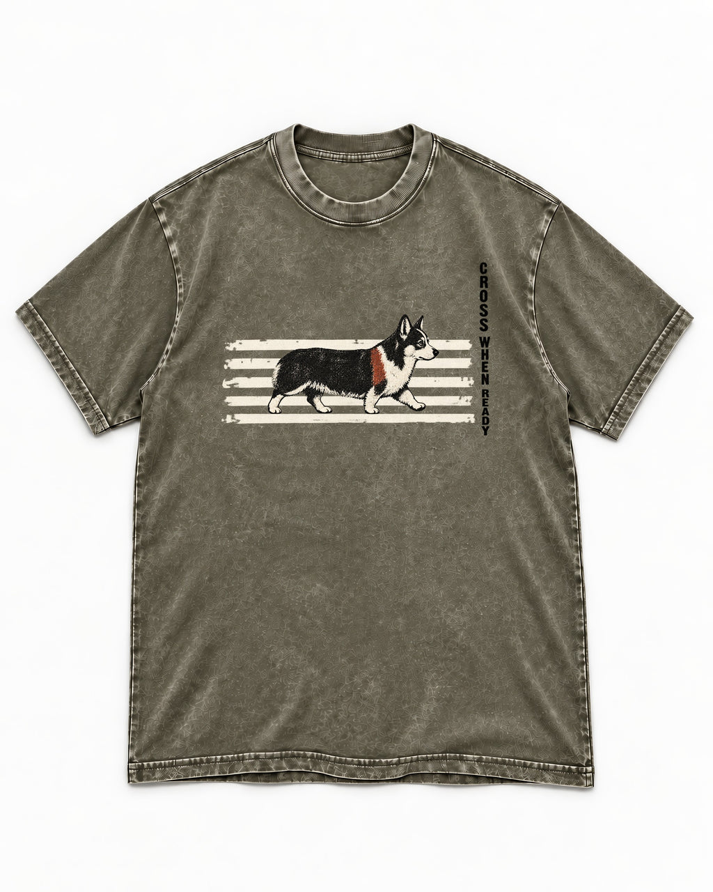 Corgi Cross When Ready Crossing Bars Graphic Washed Tee in Army Green, flat lay product photo