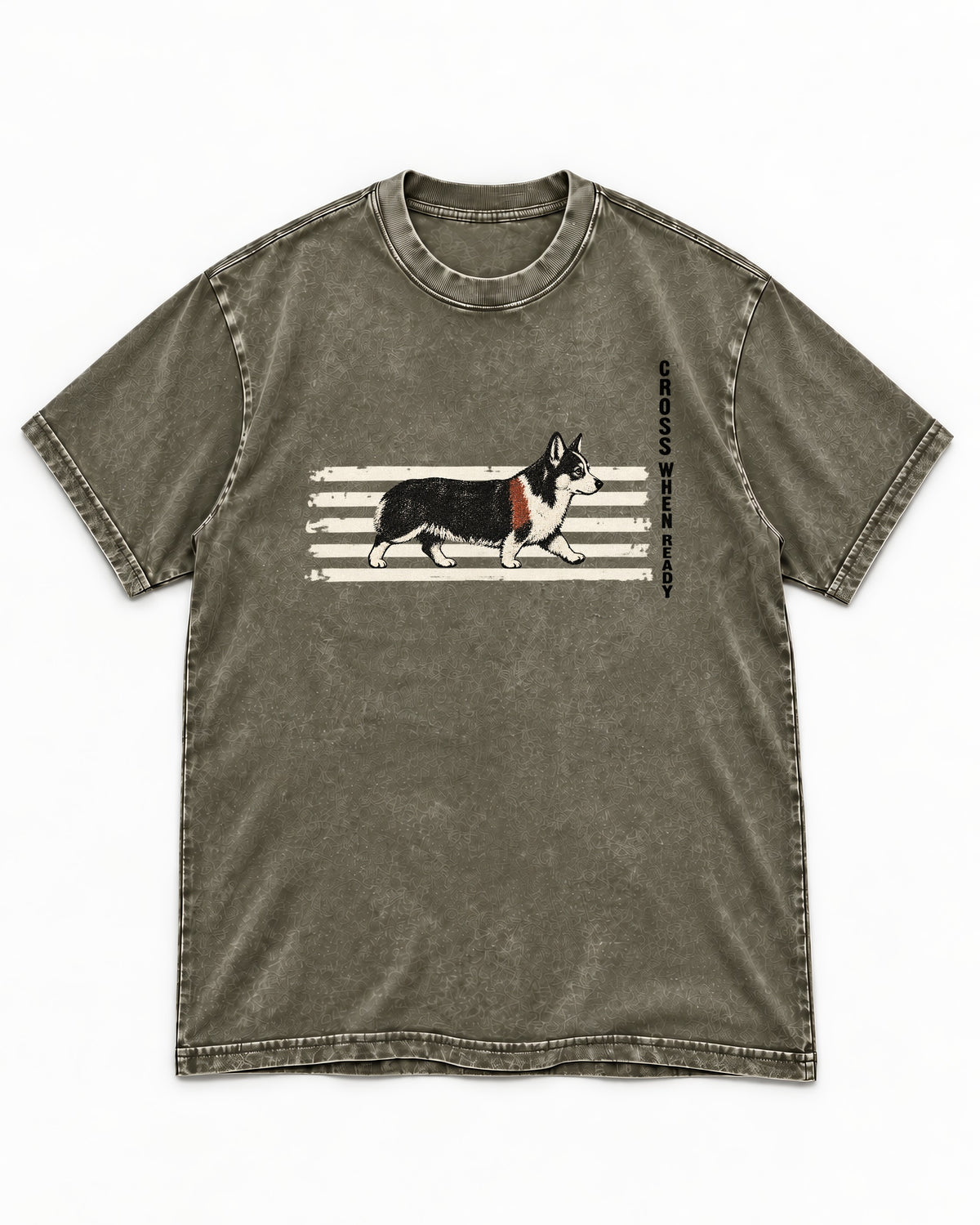 Corgi Cross When Ready Crossing Bars Graphic Washed Tee in Army Green, flat lay product photo