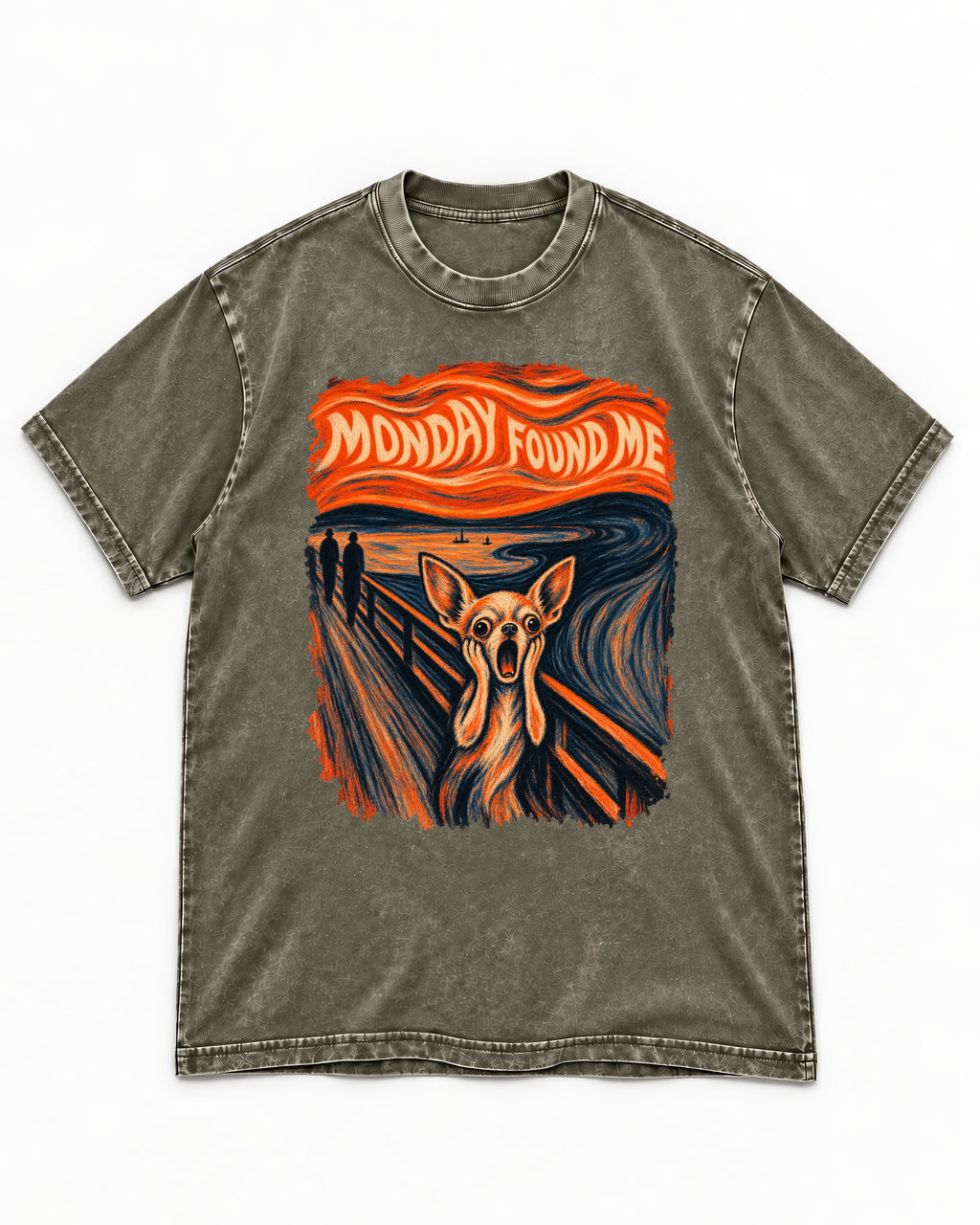 Monday Found Me Chihuahua Scream Banner Washed Tee in Army Green, flat lay product photo
