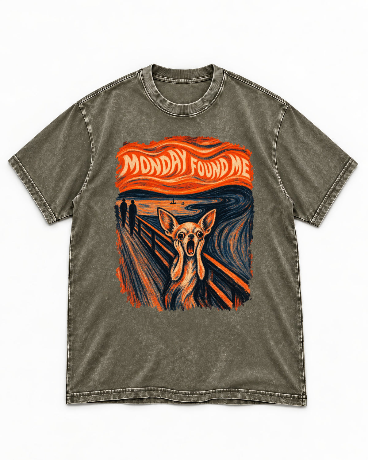Monday Found Me Chihuahua Scream Banner Washed Tee in Army Green, flat lay product photo