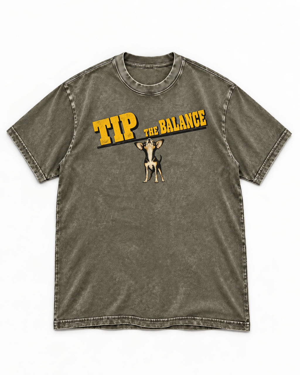 Chihuahua Tip the Balance Beam Graphic Washed Tee in Army Green, flat lay product photo
