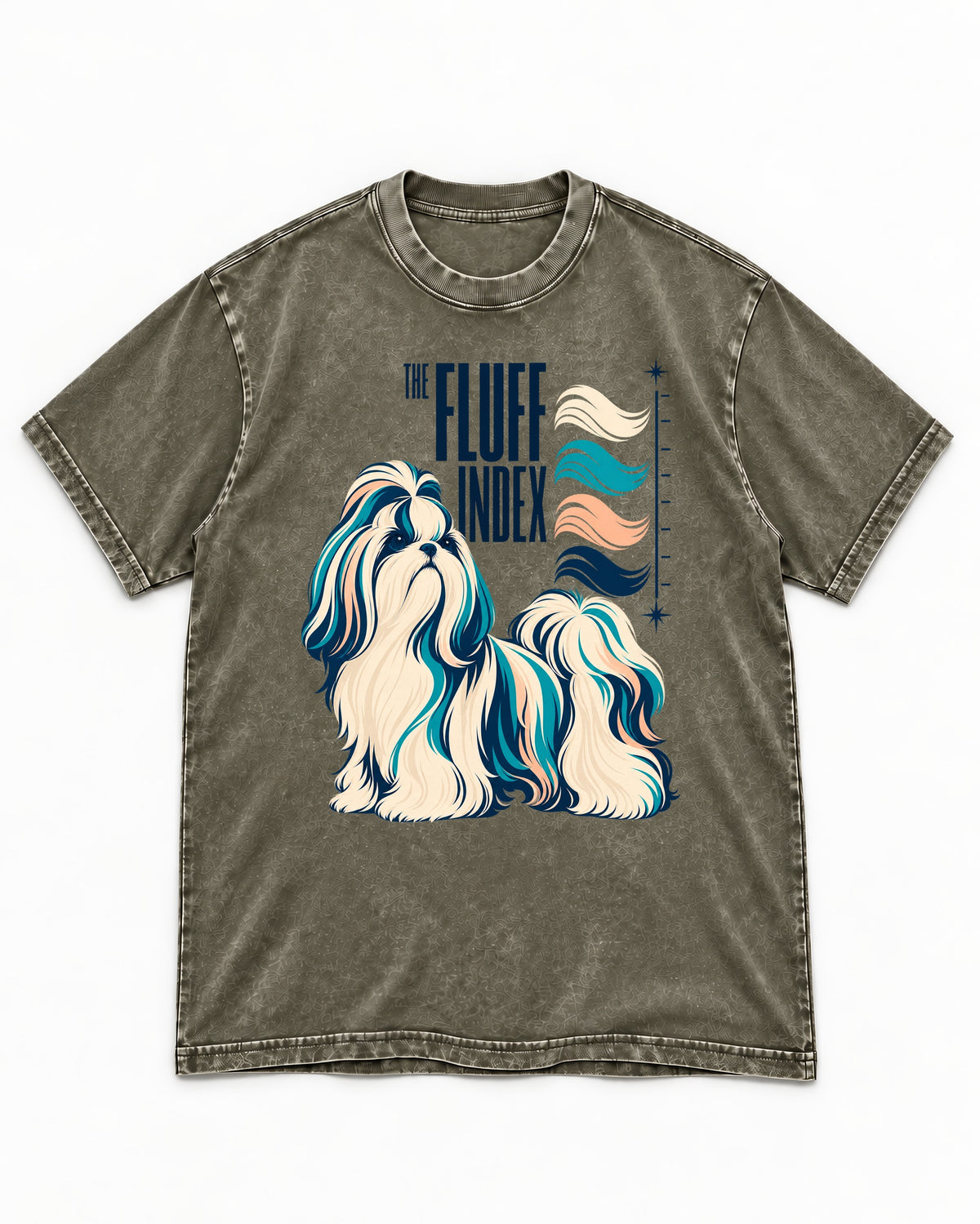 Shih Tzu The Fluff Index Coat Color Chart Graphic Washed Tee in Army Green, flat lay product photo