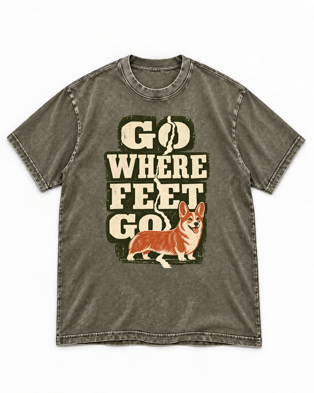 Corgi Go Where Feet Go Path Washed Tee in Army Green, flat lay product photo