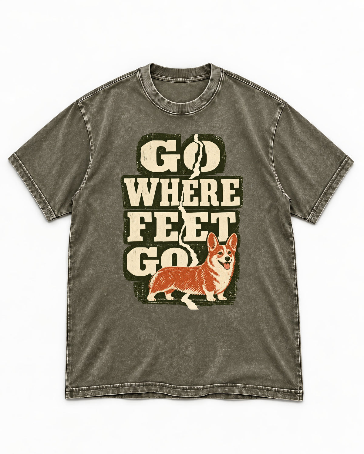 Corgi Go Where Feet Go Path Washed Tee in Army Green, flat lay product photo