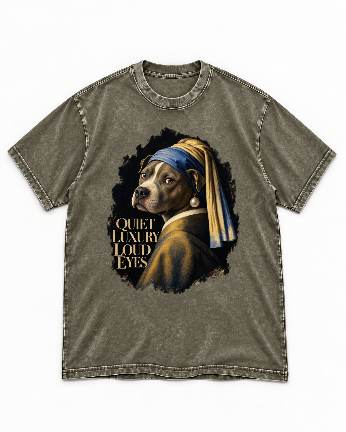 Pitbull Quiet Luxury Loud Eyes Pearl Earring Portrait Graphic Washed Tee in Army Green, flat lay product photo