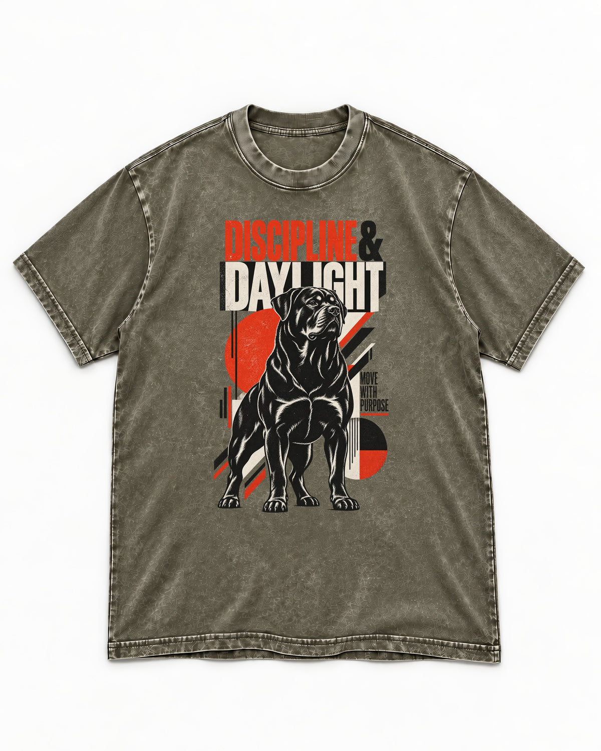 Discipline and Daylight Rottweiler Move With Purpose Washed Tee in Army Green, flat lay product photo