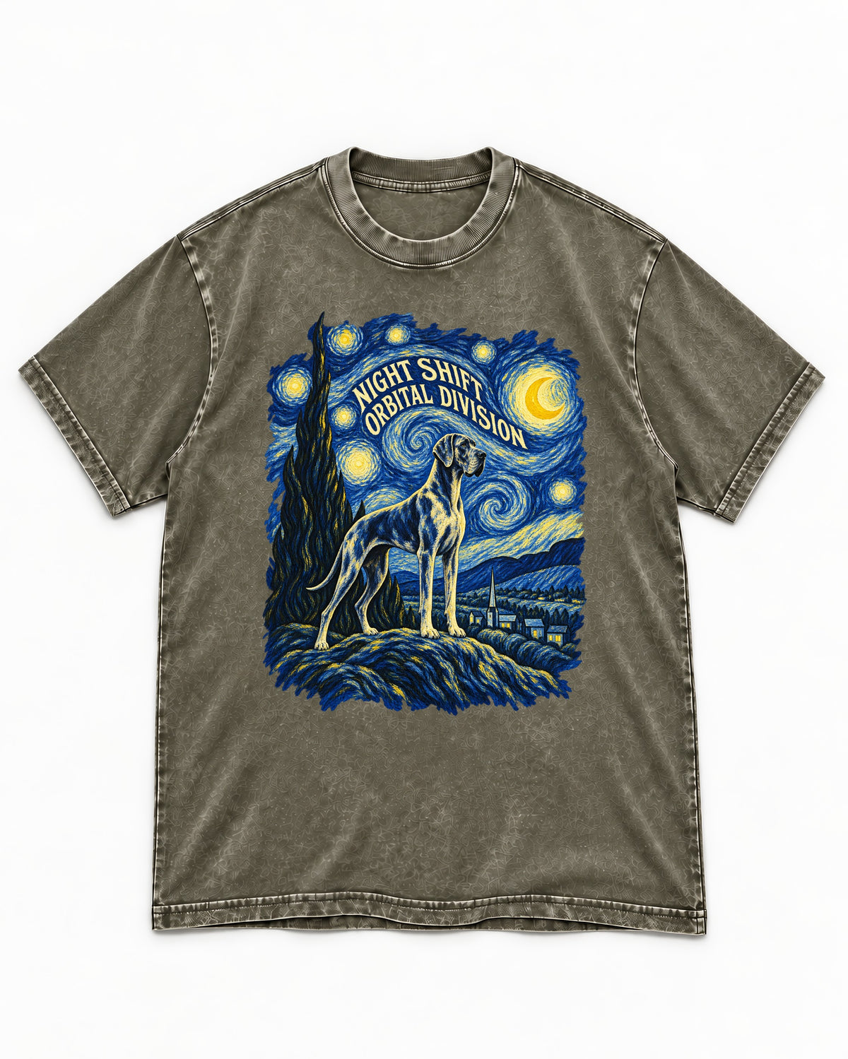 Great Dane Night Shift Orbital Division Starry Sky Graphic Washed Tee in Army Green, flat lay product photo