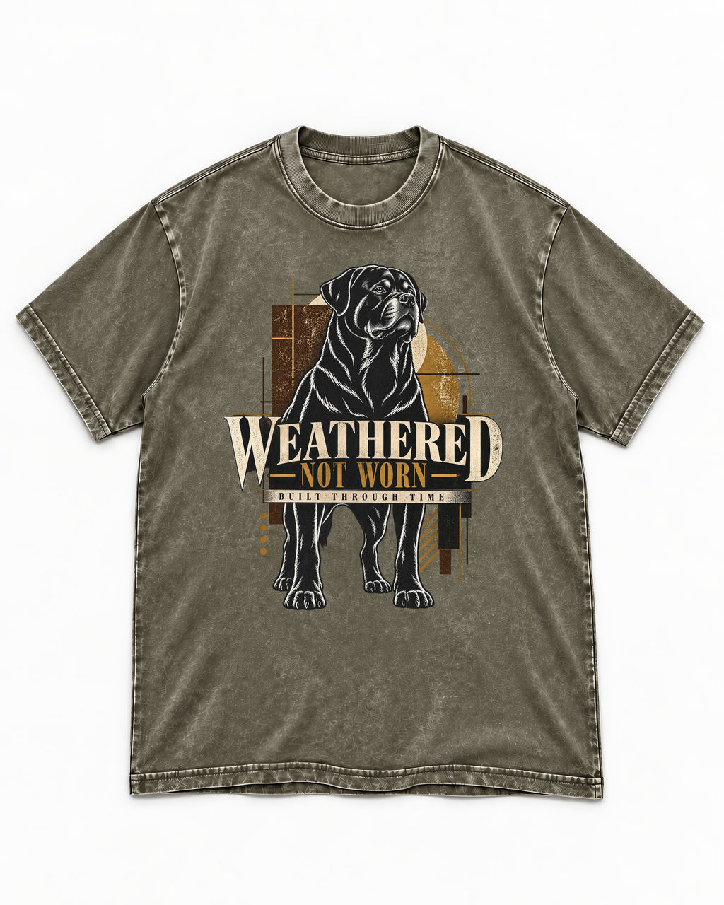 Rottweiler Weathered Not Worn Geometric Graphic Washed Tee in Army Green, flat lay product photo