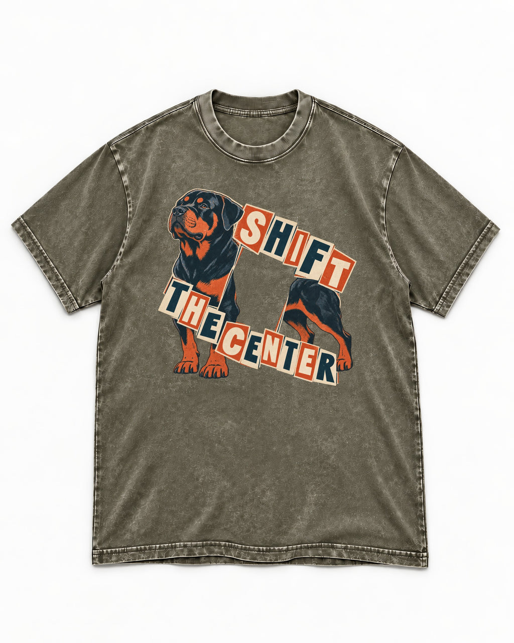 Rottweiler Shift the Center Cutout Letter Graphic Washed Tee in Army Green, flat lay product photo
