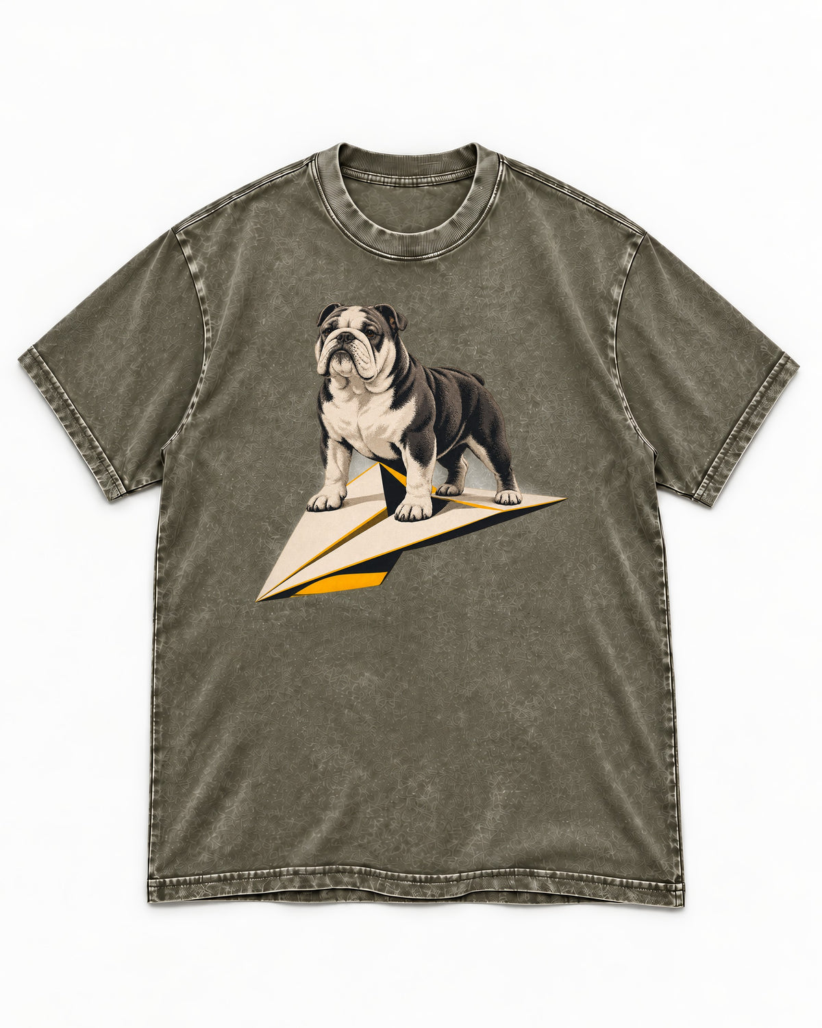 English Bulldog Paper Airplane Graphic Washed Tee in Army Green, flat lay product photo