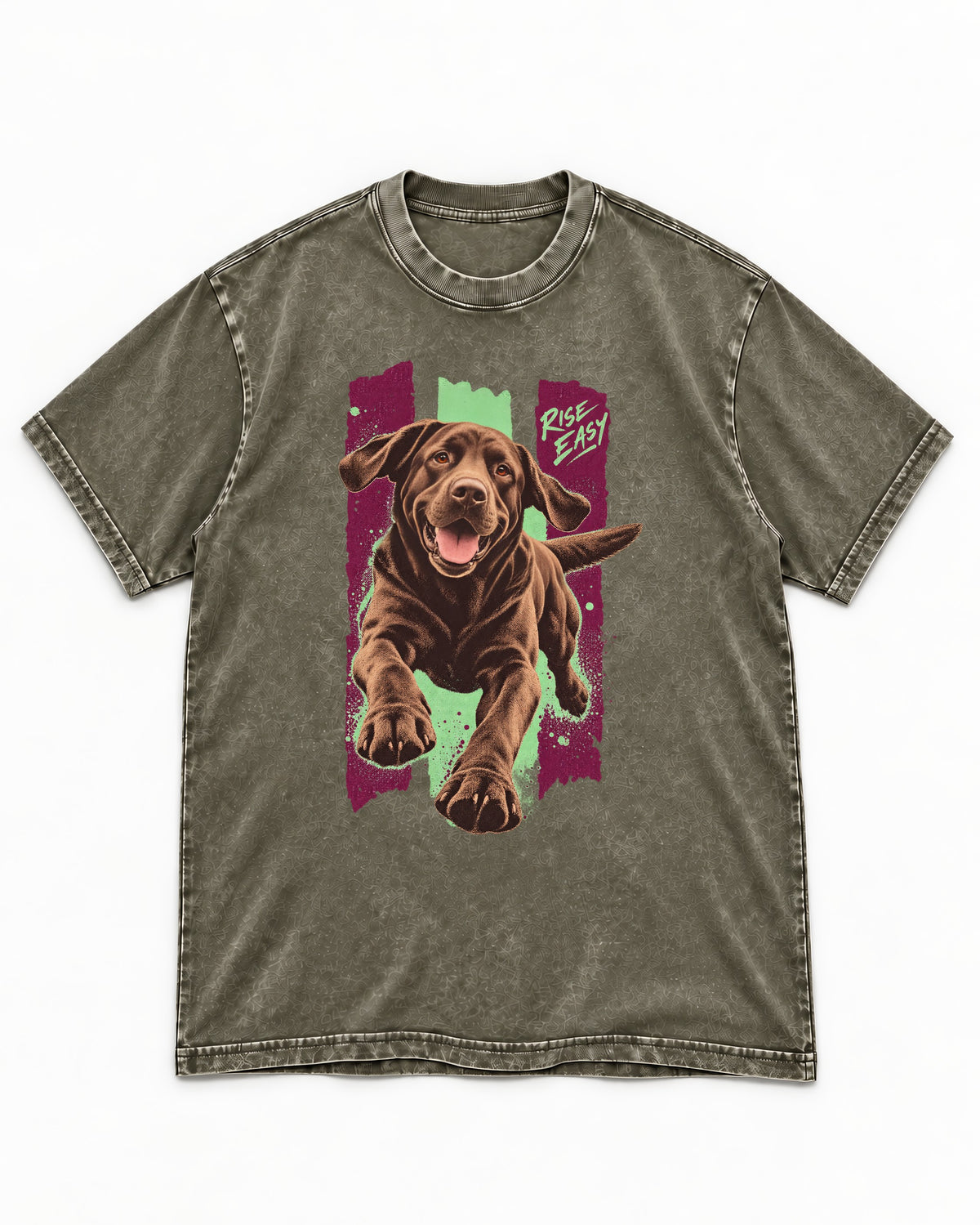 Labrador Retriever Rise Easy Running Chocolate Lab Graphic Washed Tee in Army Green, flat lay product photo