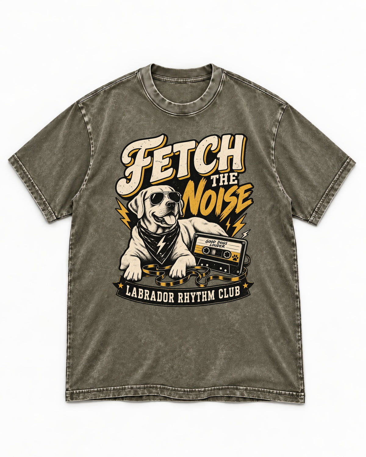 Labrador Retriever Fetch the Noise Rhythm Club DJ Graphic Washed Tee in Army Green, flat lay product photo