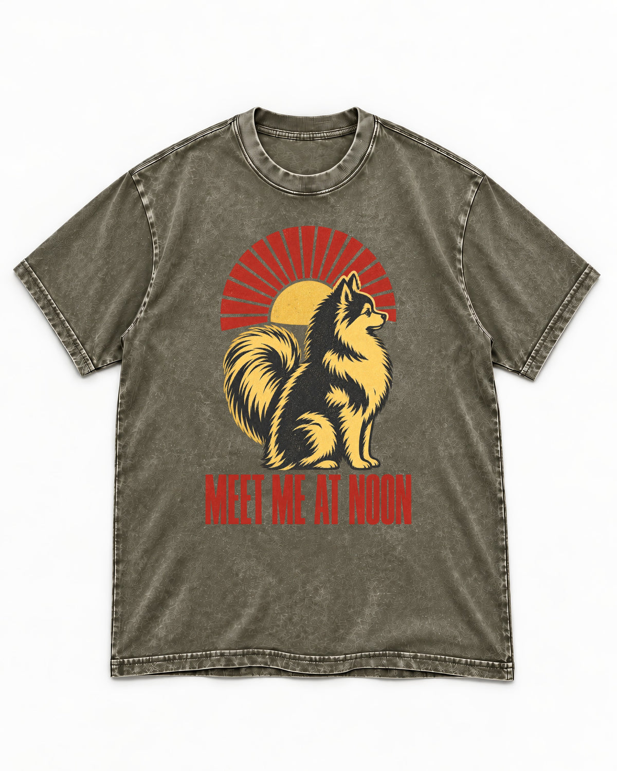 Pomeranian Meet Me at Noon Sunburst Graphic Washed Tee in Army Green, flat lay product photo