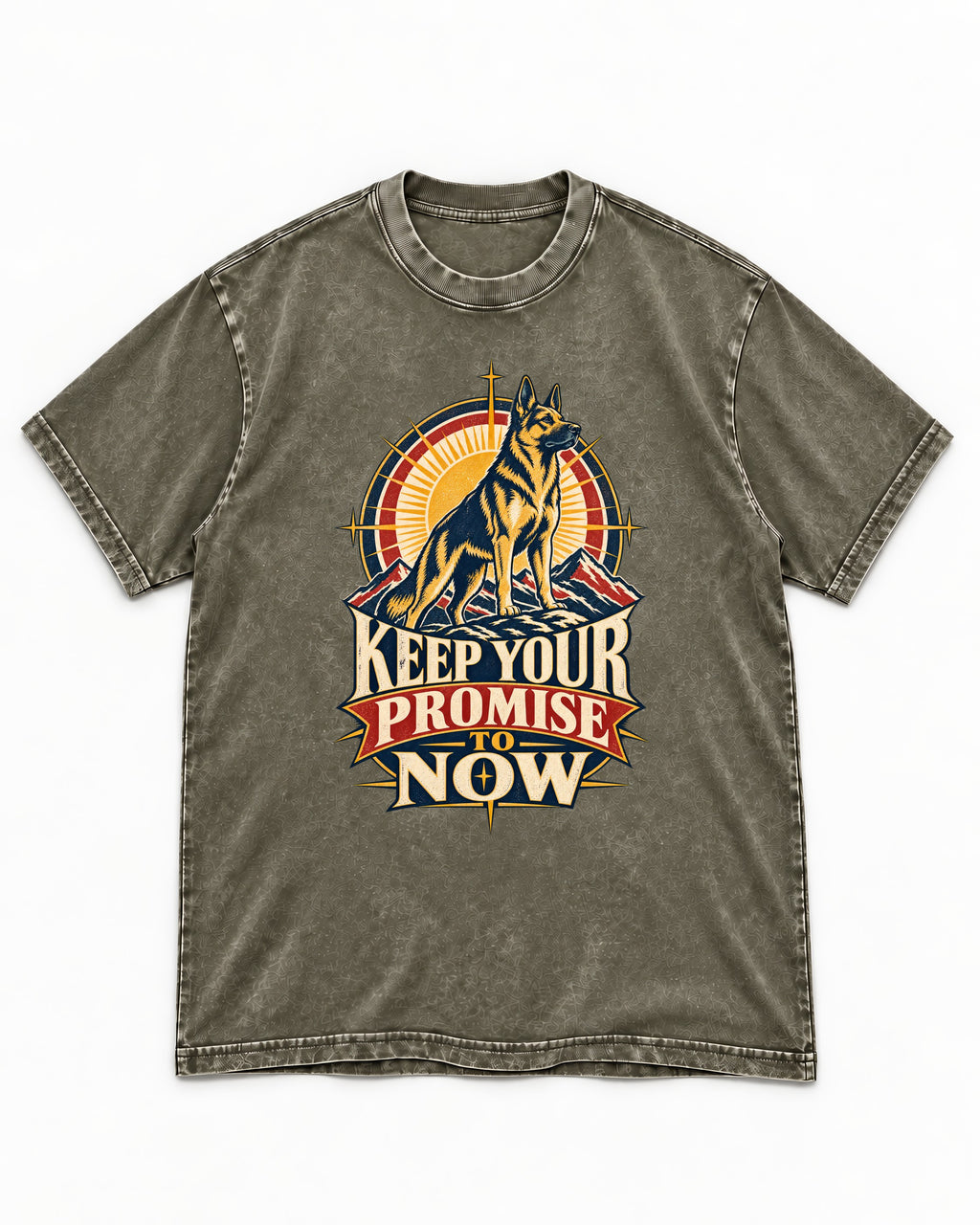 Keep Your Promise To Now Sunrise German Shepherd Dog Graphic Washed Tee in Army Green, flat lay product photo