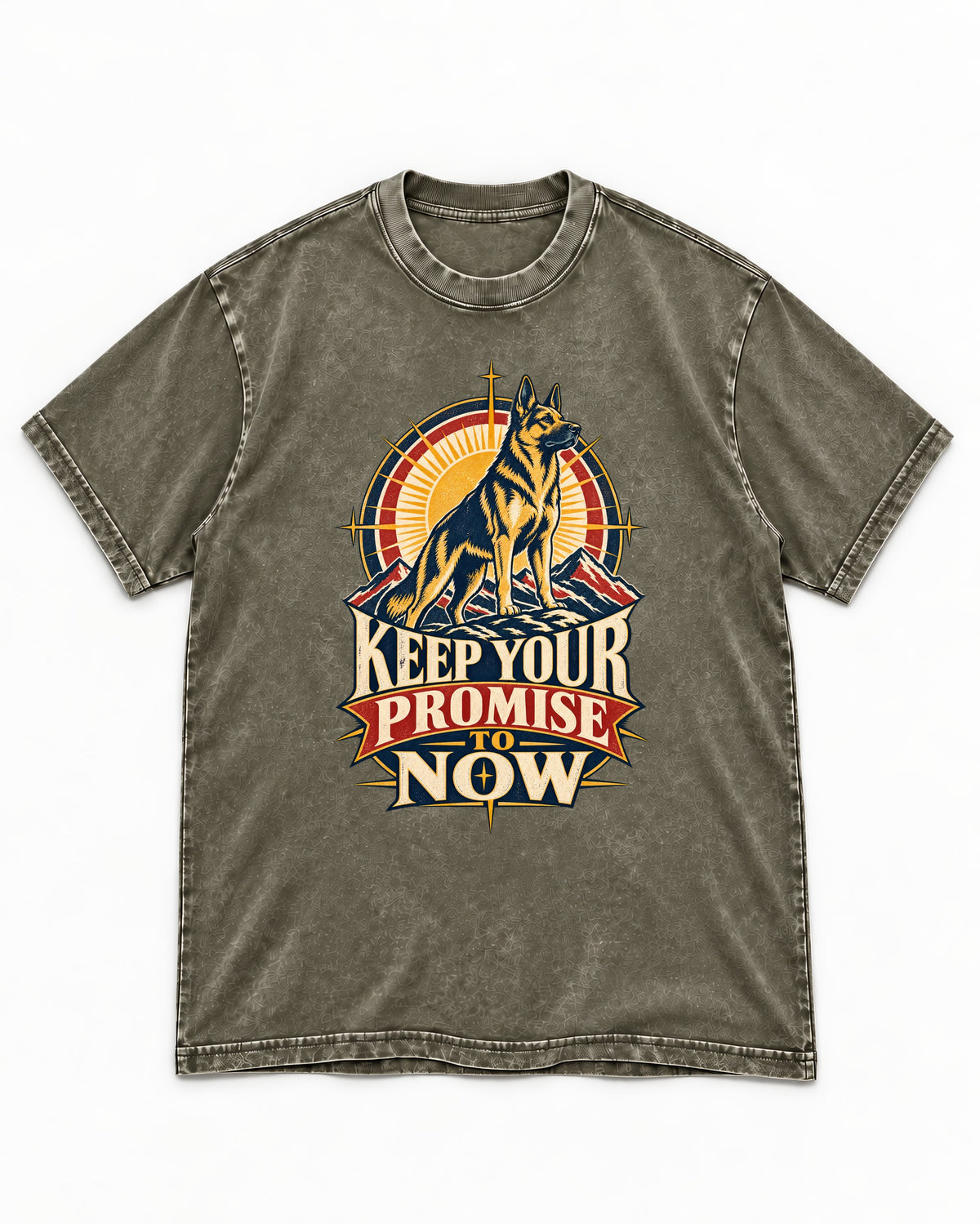 Keep Your Promise To Now Sunrise German Shepherd Dog Graphic Washed Tee in Army Green, flat lay product photo