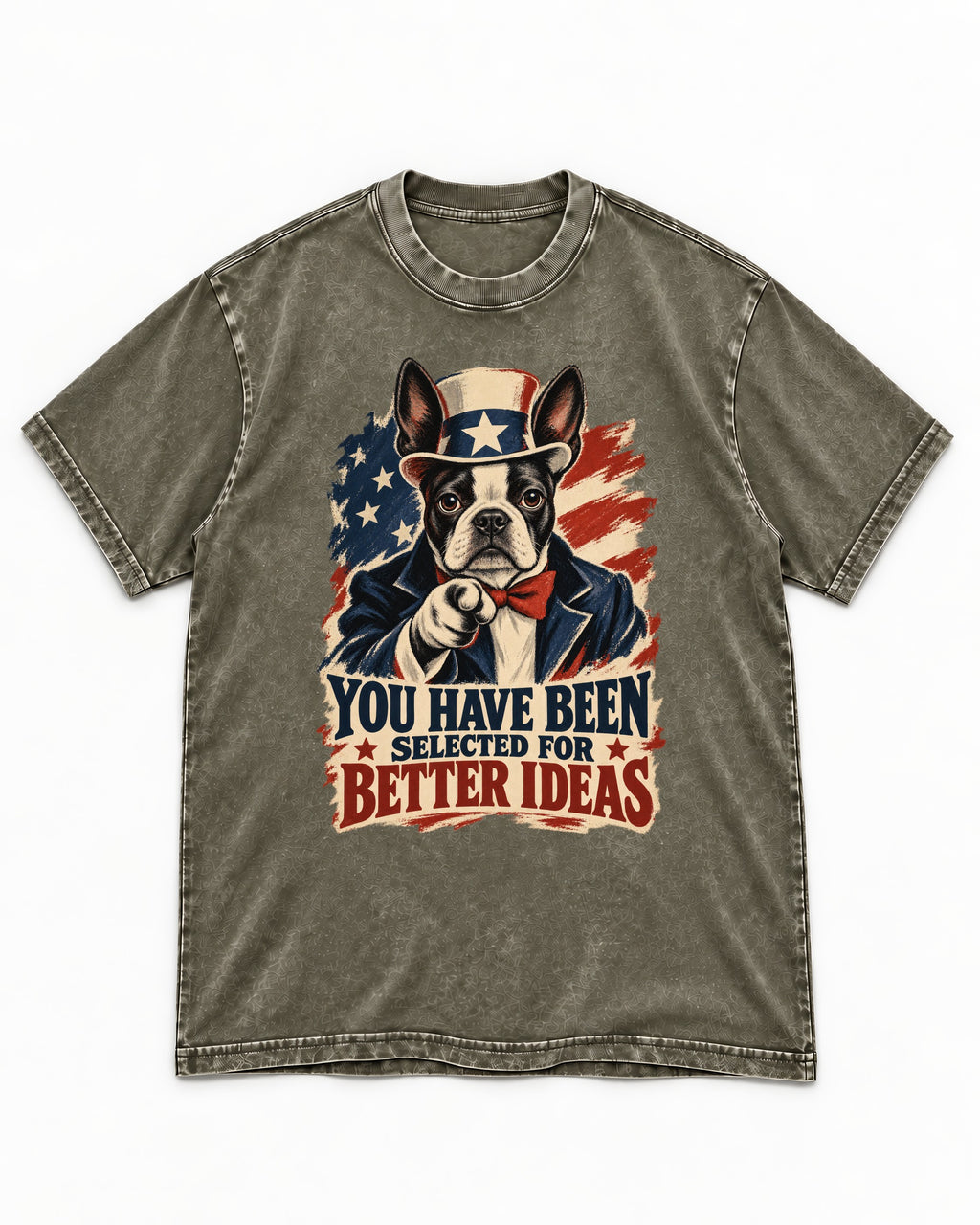 You Have Been Selected for Better Ideas Boston Terrier Washed Tee in Army Green, flat lay product photo