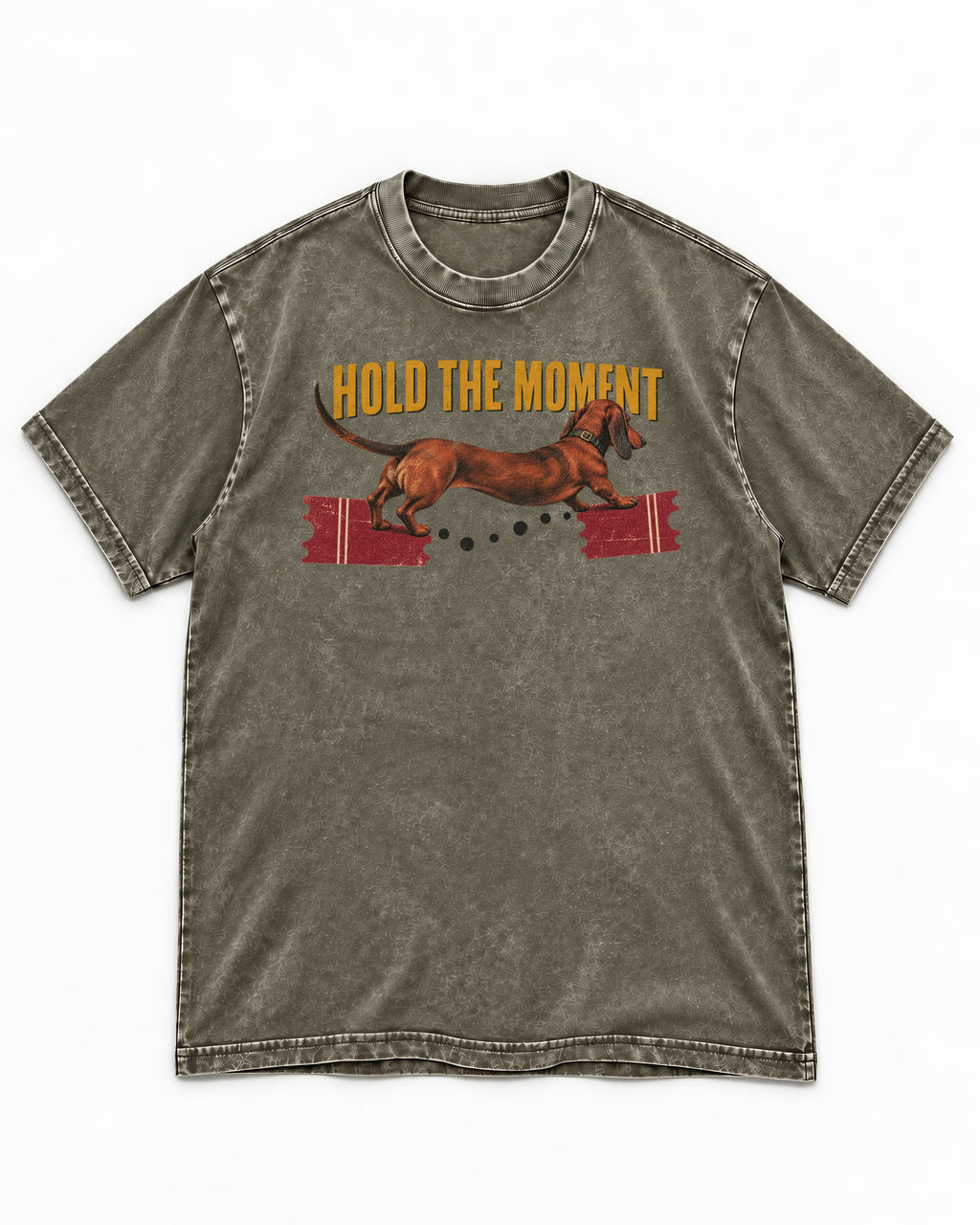 Dachshund Hold The Moment Torn Ticket Bridge Graphic Washed Tee in Army Green, flat lay product photo