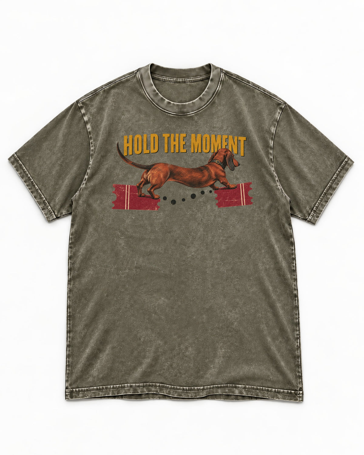Dachshund Hold The Moment Torn Ticket Bridge Graphic Washed Tee in Army Green, flat lay product photo