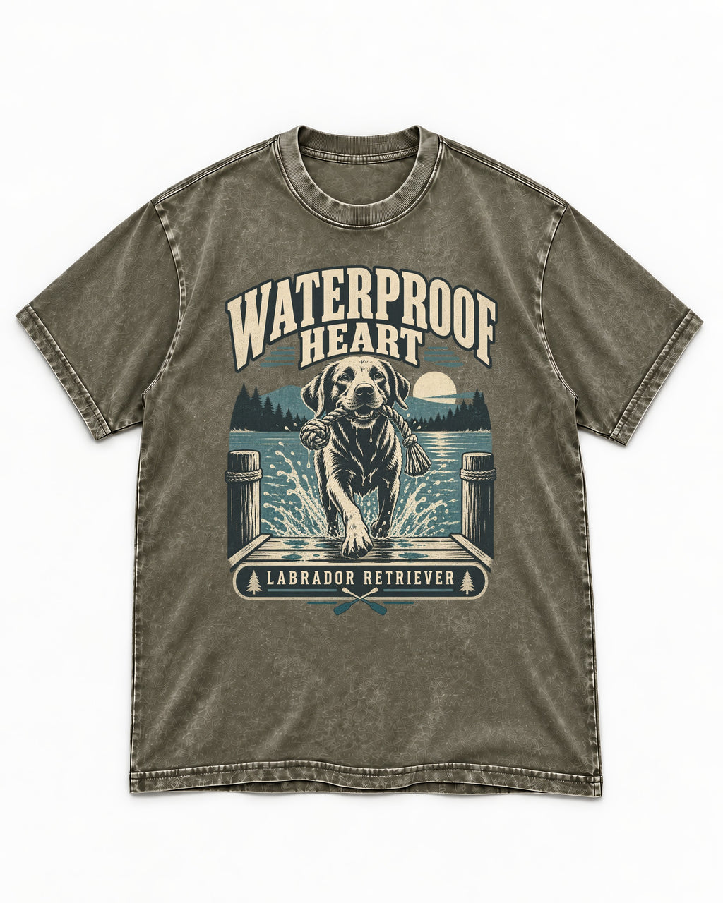 Labrador Retriever Waterproof Heart Lake Adventure Graphic Washed Tee in Army Green, flat lay product photo