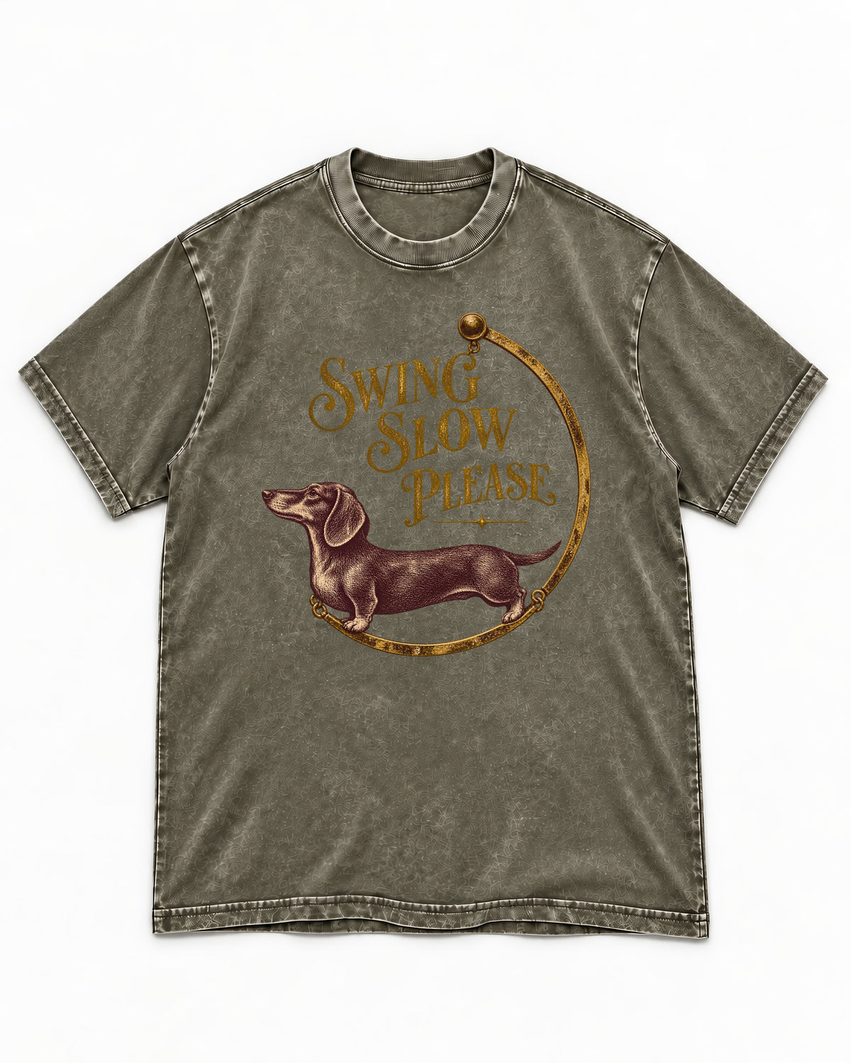 Dachshund Swing Slow Please Necklace Frame Graphic Washed Tee in Army Green, flat lay product photo