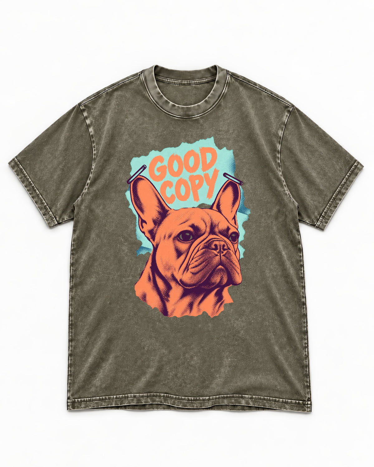 Frenchie Good Copy Stapled Zine Graphic Washed Tee in Army Green, flat lay product photo