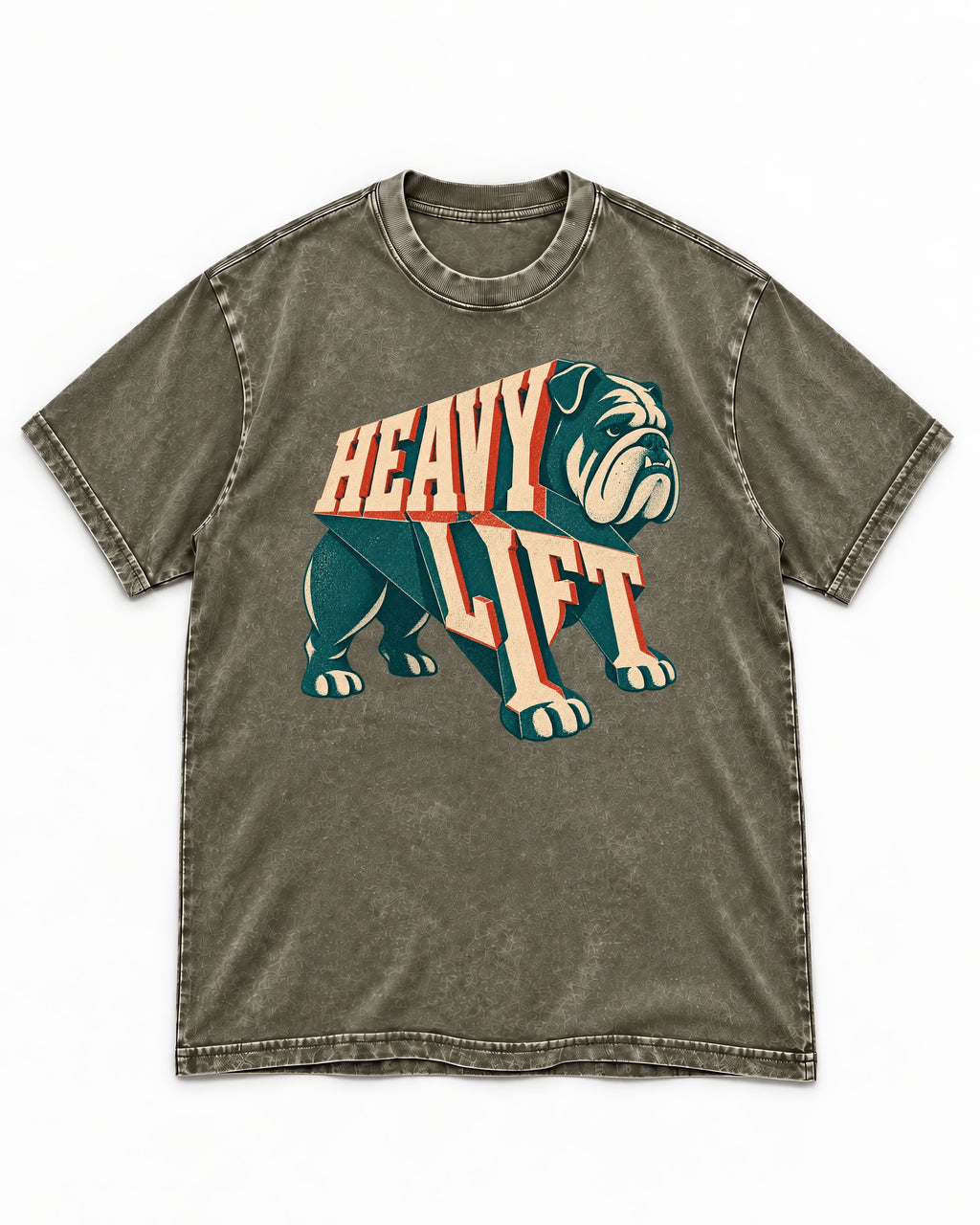 English Bulldog Heavy Lift Dimensional Type Washed Tee in Army Green, flat lay product photo