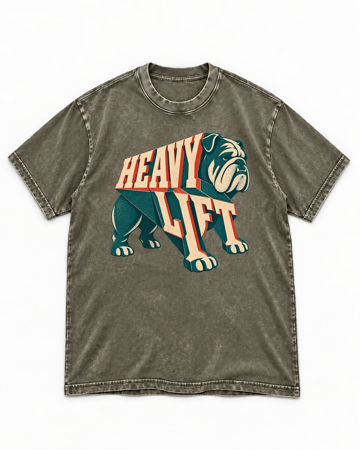 English Bulldog Heavy Lift Dimensional Type Washed Tee in Army Green, flat lay product photo