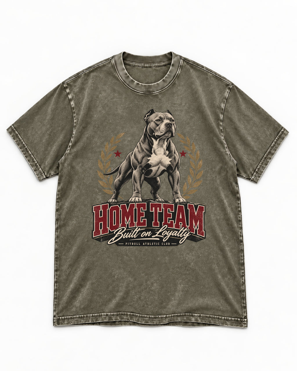 Pitbull Home Team Loyalty Crest Graphic Washed Tee in Army Green, flat lay product photo
