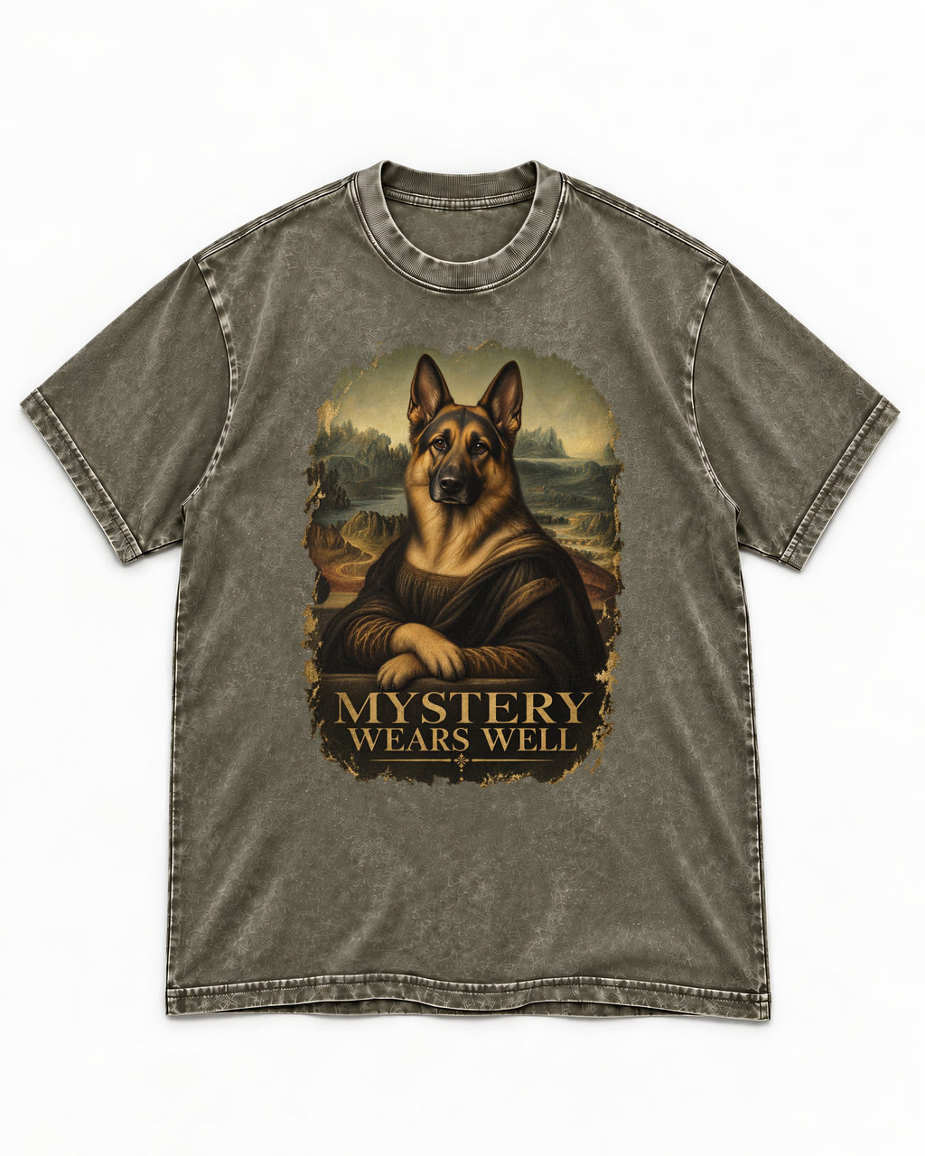 German Shepherd Dog Mystery Wears Well Renaissance Portrait Washed Tee in Army Green, flat lay product photo
