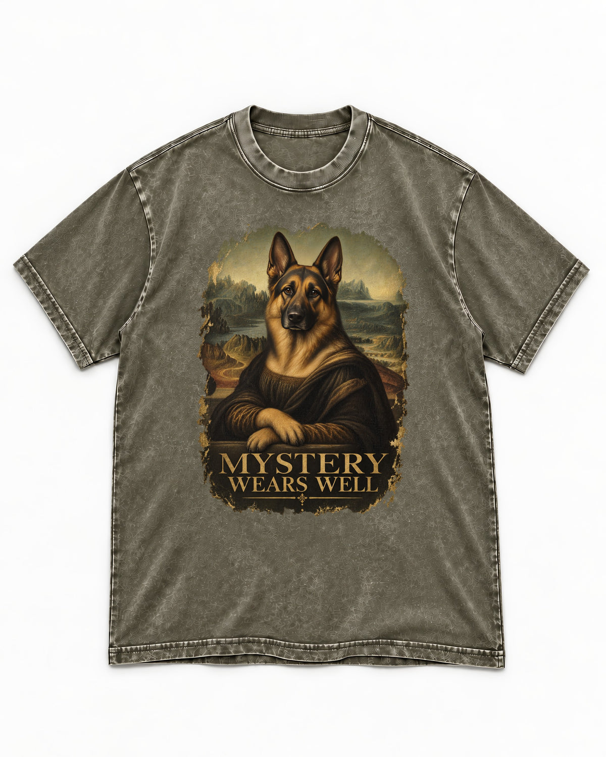 German Shepherd Dog Mystery Wears Well Renaissance Portrait Washed Tee in Army Green, flat lay product photo