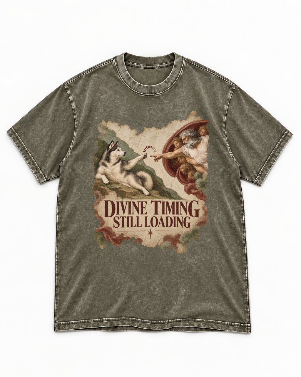 Husky Divine Timing Still Loading Creation Parody Graphic Washed Tee in Army Green, flat lay product photo