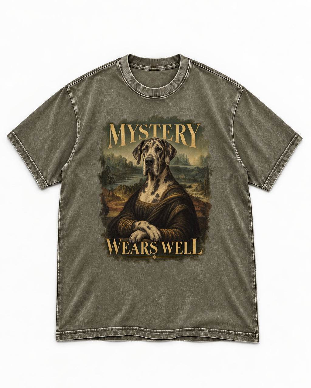 Great Dane Mystery Wears Well Renaissance Portrait Graphic Washed Tee in Army Green, flat lay product photo
