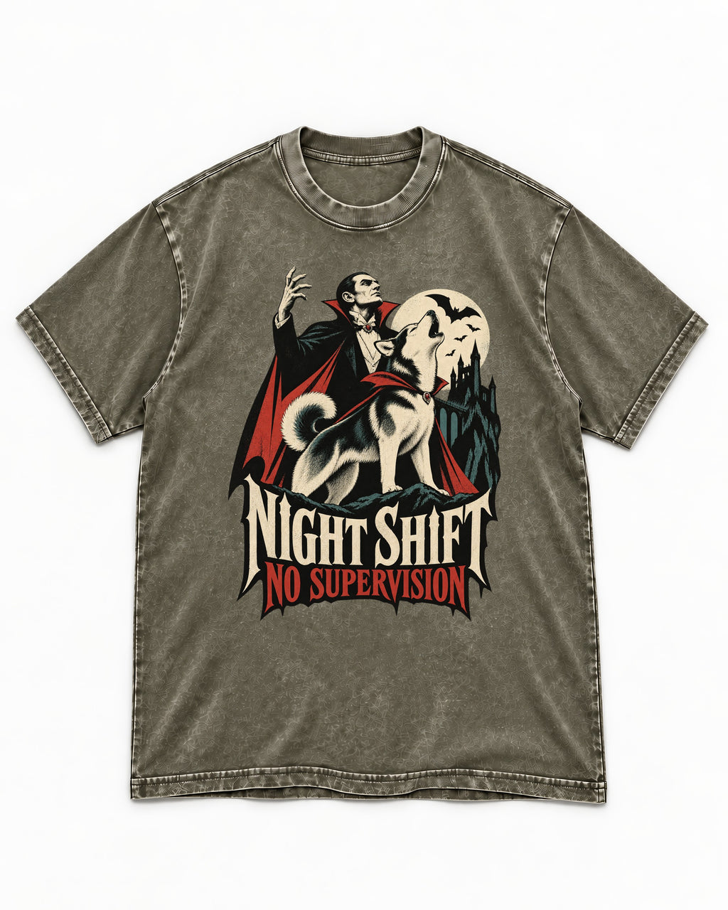 Husky Night Shift No Supervision Vampire Graphic Washed Tee in Army Green, flat lay product photo