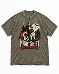 Husky Night Shift No Supervision Vampire Graphic Washed Tee in Army Green, flat lay product photo
