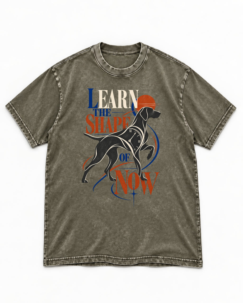 German Shorthaired Pointer Learn the Shape of Now Clock Graphic Washed Tee in Army Green, flat lay product photo