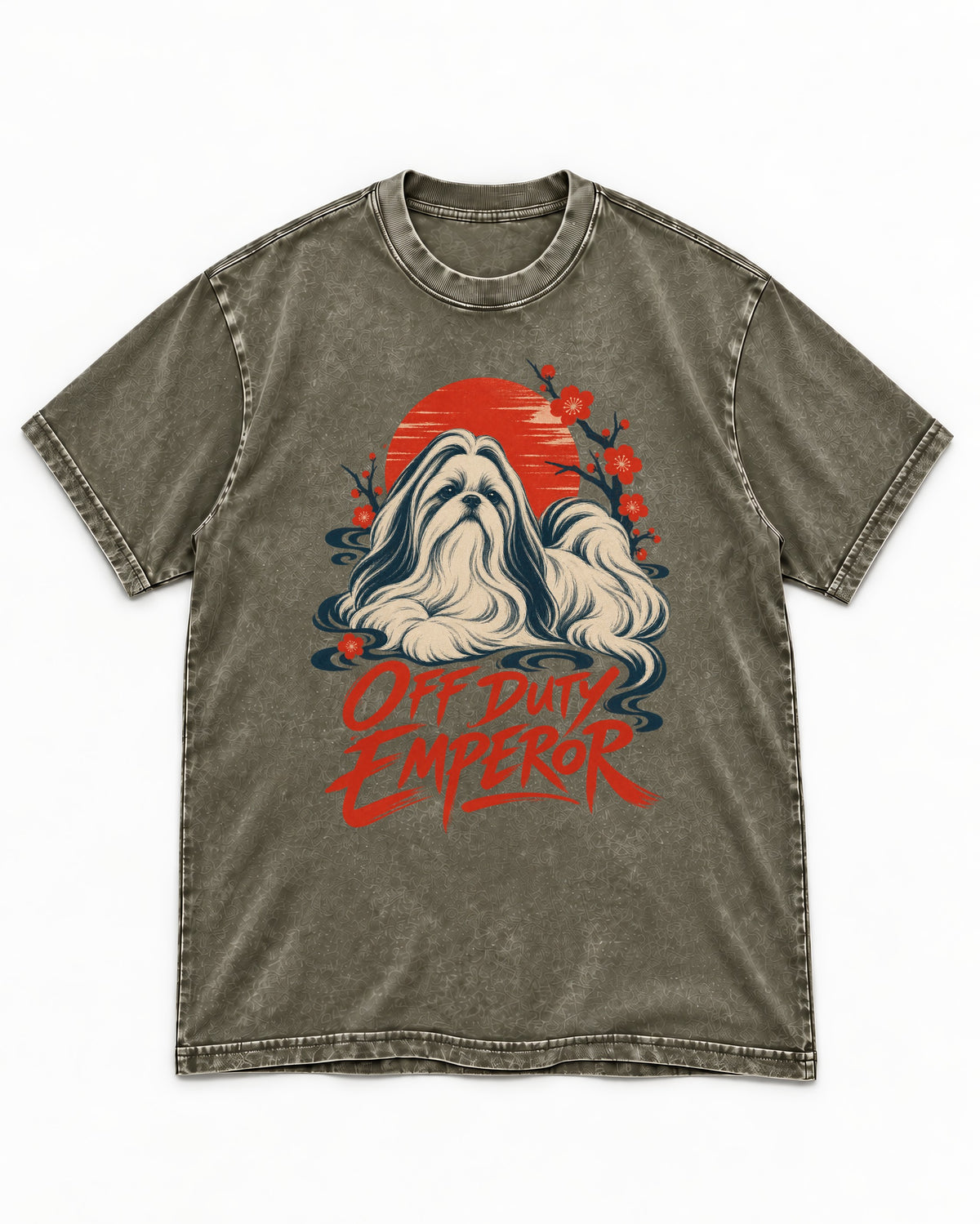 Shih Tzu Off Duty Emperor Sunset Blossom Graphic Washed Tee in Army Green, flat lay product photo